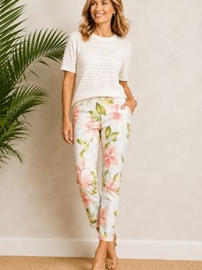 Talbots White Cropped Pants with Pink Floral Print